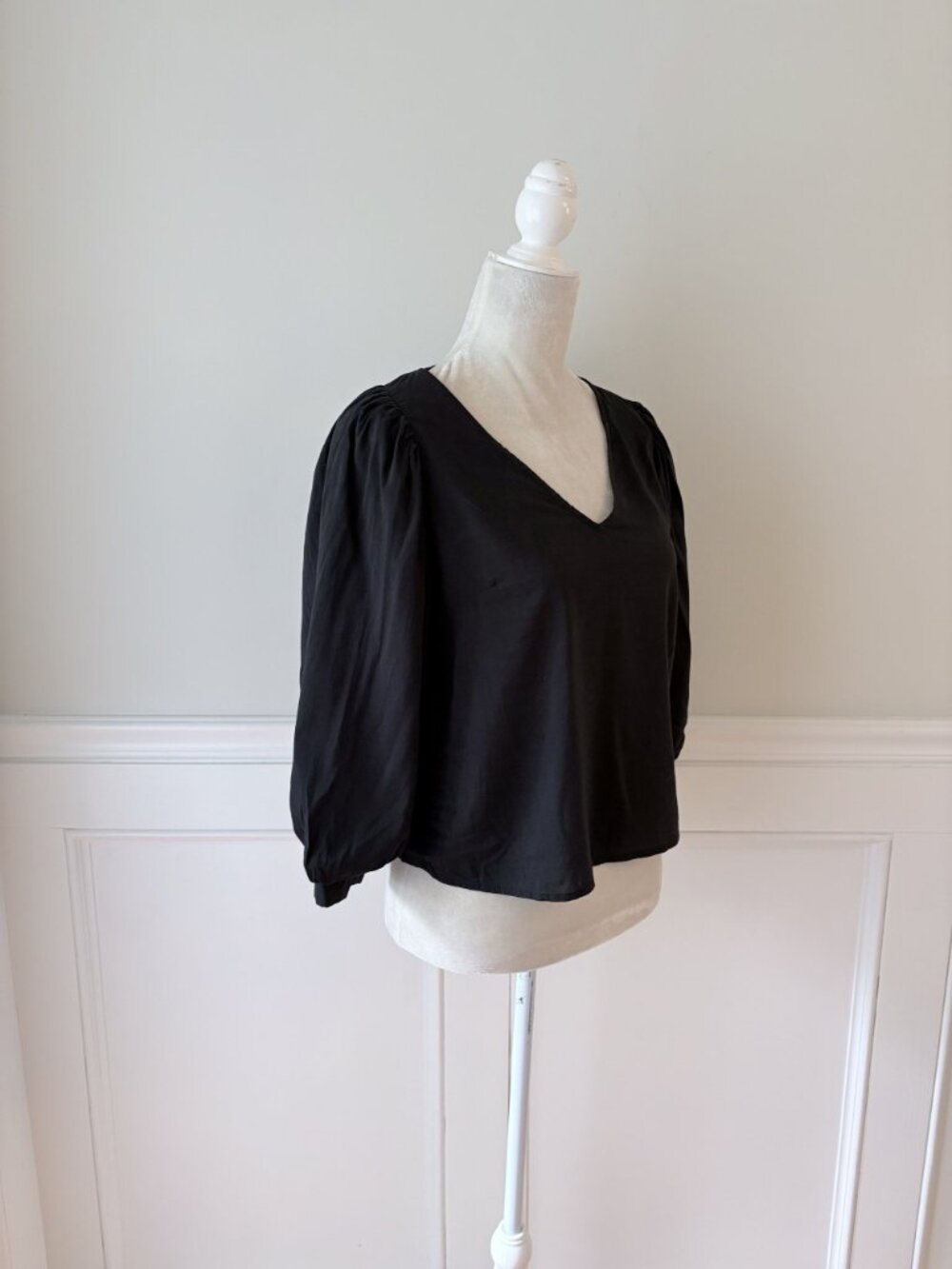 A New Day Black Puff Sleeve V-Neck Blouse XS Cotton Blend - Picture 2 of 5